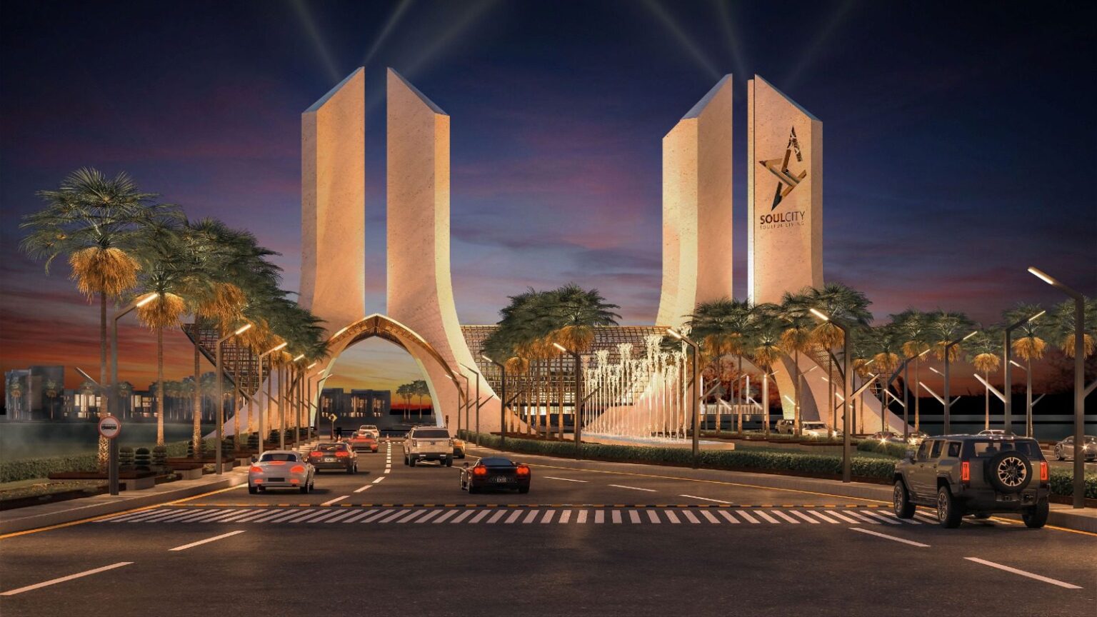 Soul City Lahore Iconic Gate glowing at dusk on Jia Bagga Road