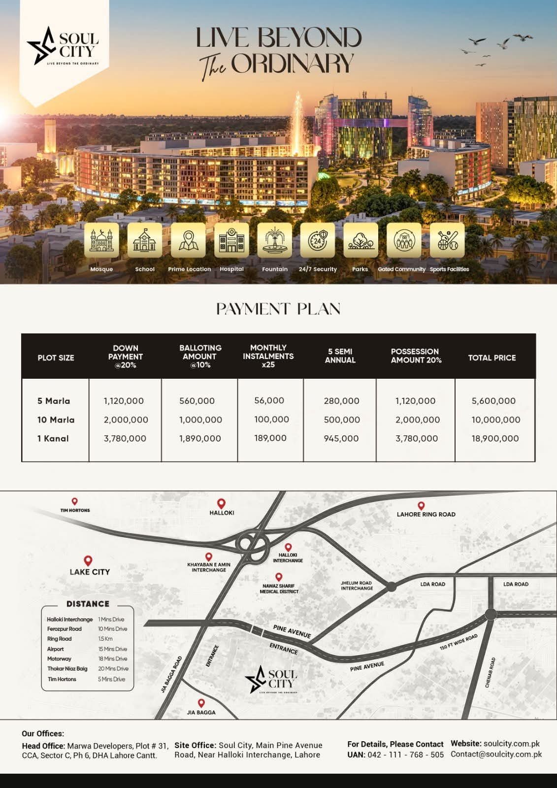 Official Soul City Payment Plan table with prices for 5 Marla, 10 Marla and 1 Kanal