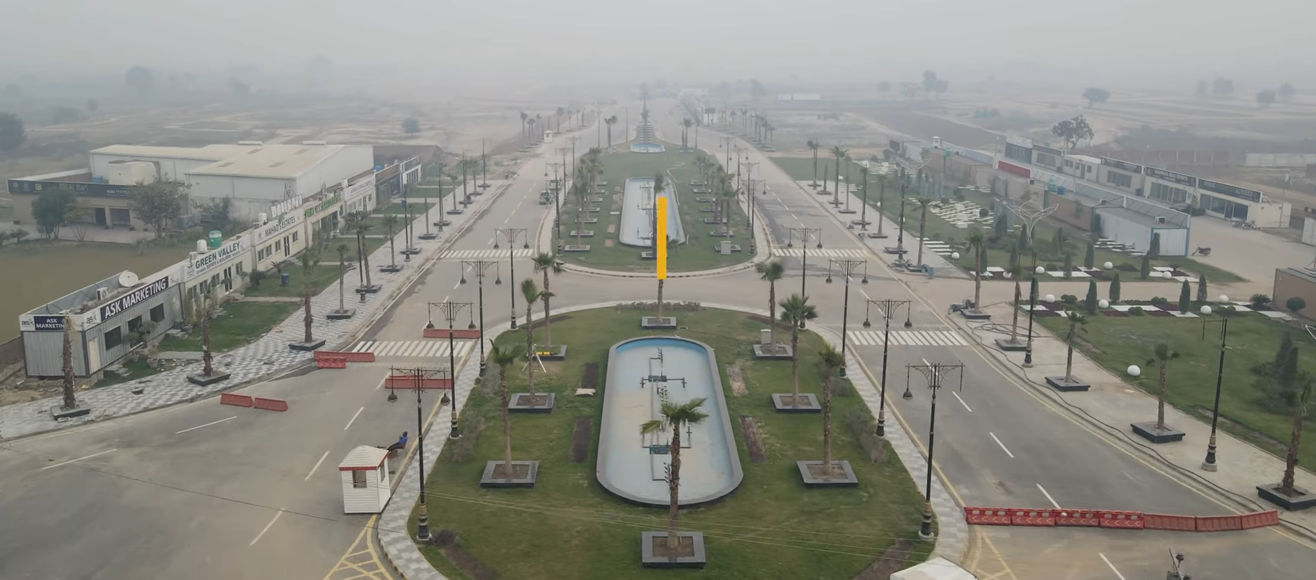 Real drone view of the Soul City Location boulevard and fountains